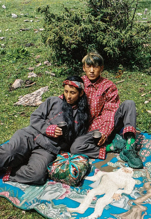 Local Tibetans model for Nyema Droma’s fashion brand Nerhi, wearing products inspired by a traditional summertime gathering called Linkha
