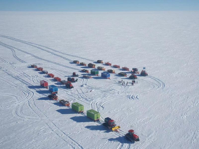 Chinese Antarctic expedition traveling across the ice cap Kunlun Station at the South Pole