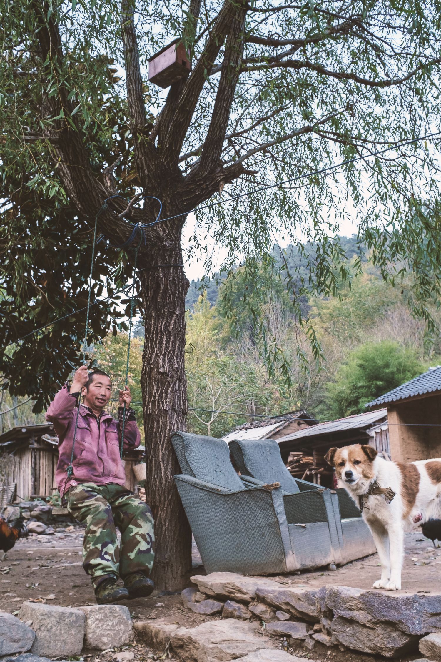 man on a swing in hubei, china