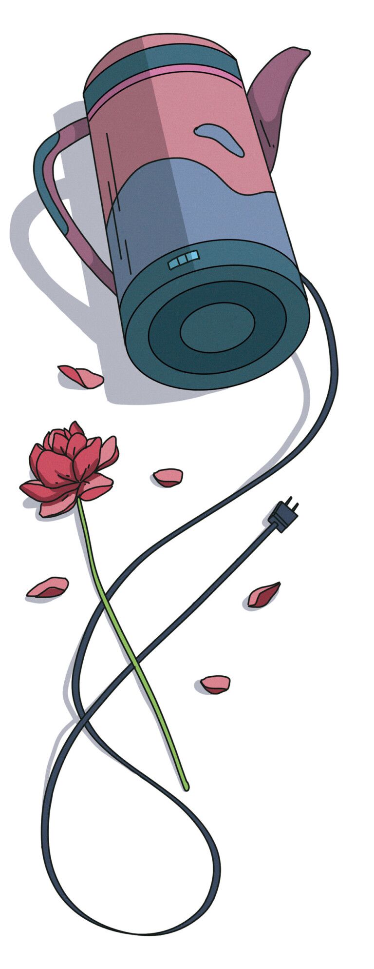 A kettle and rose with petals laying around