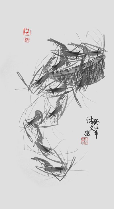 A basket of shrimp by Chinese artist Zhang Dewen. 