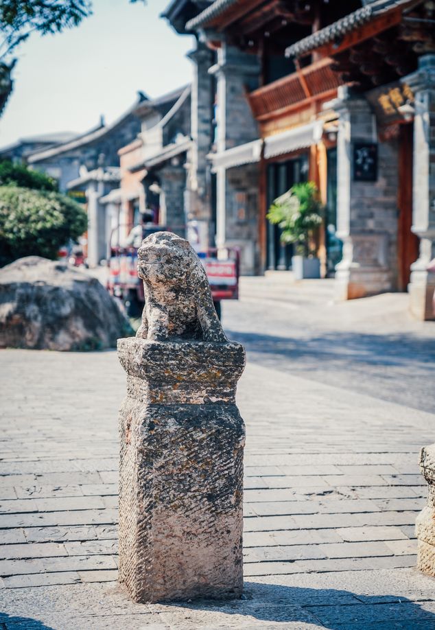 stone sculptures, building parts, roads