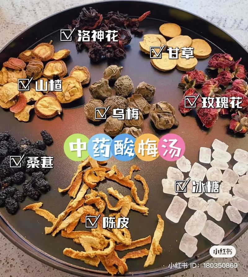 A tray with a number of ingredients for making Suanmeitang including dried orange peel and the more exotic shanyao