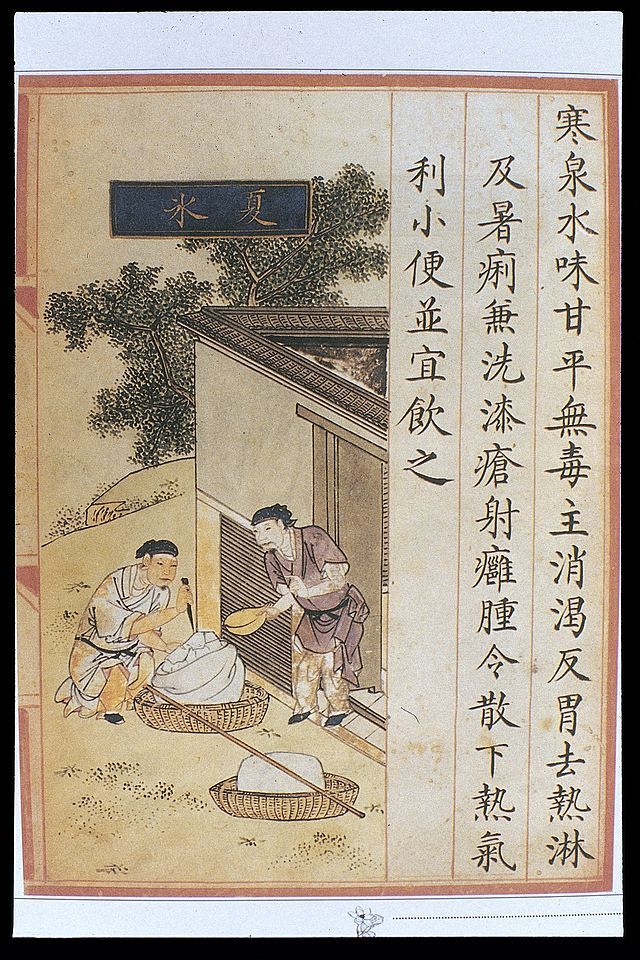 A Ming scroll drawing showing workers chiseling "summer ice" cubes blocks to transport, one of ancient China's cooling methods