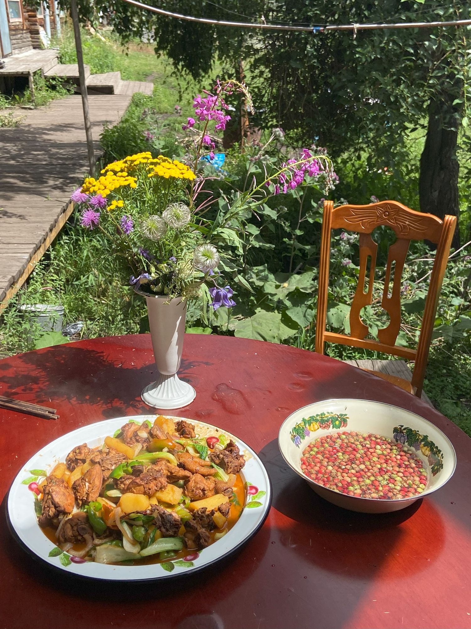 A Kazak lunch of chicken, potatoes, vegetables, and wild strawberries enjoyed under the sun in Altay