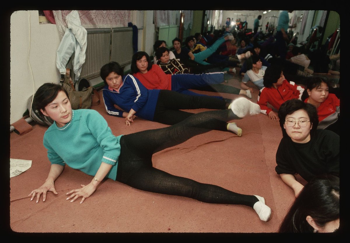 A group of women attending an aerobics class in Beijing in 1989