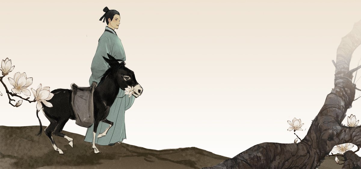 illustration, ancient scholar, black donkey, wuxia fiction, Chinese literature