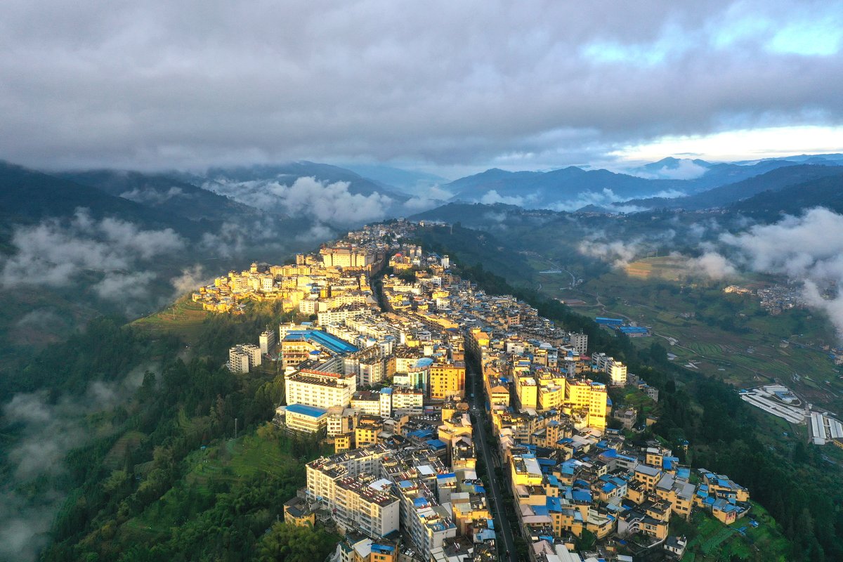 Drone shot of Lvchun County's Daxing Street in Honghe Prefecture, Yunnan