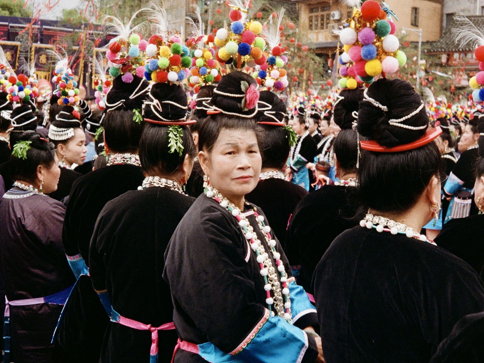 Female Dong ethnic minority villagers gather for Sama festival