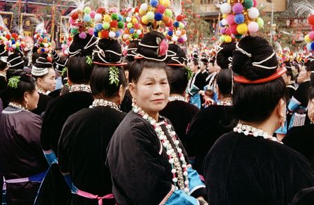 Female Dong ethnic minority villagers gather for Sama festival