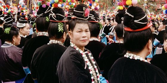 Female Dong ethnic minority villagers gather for Sama festival