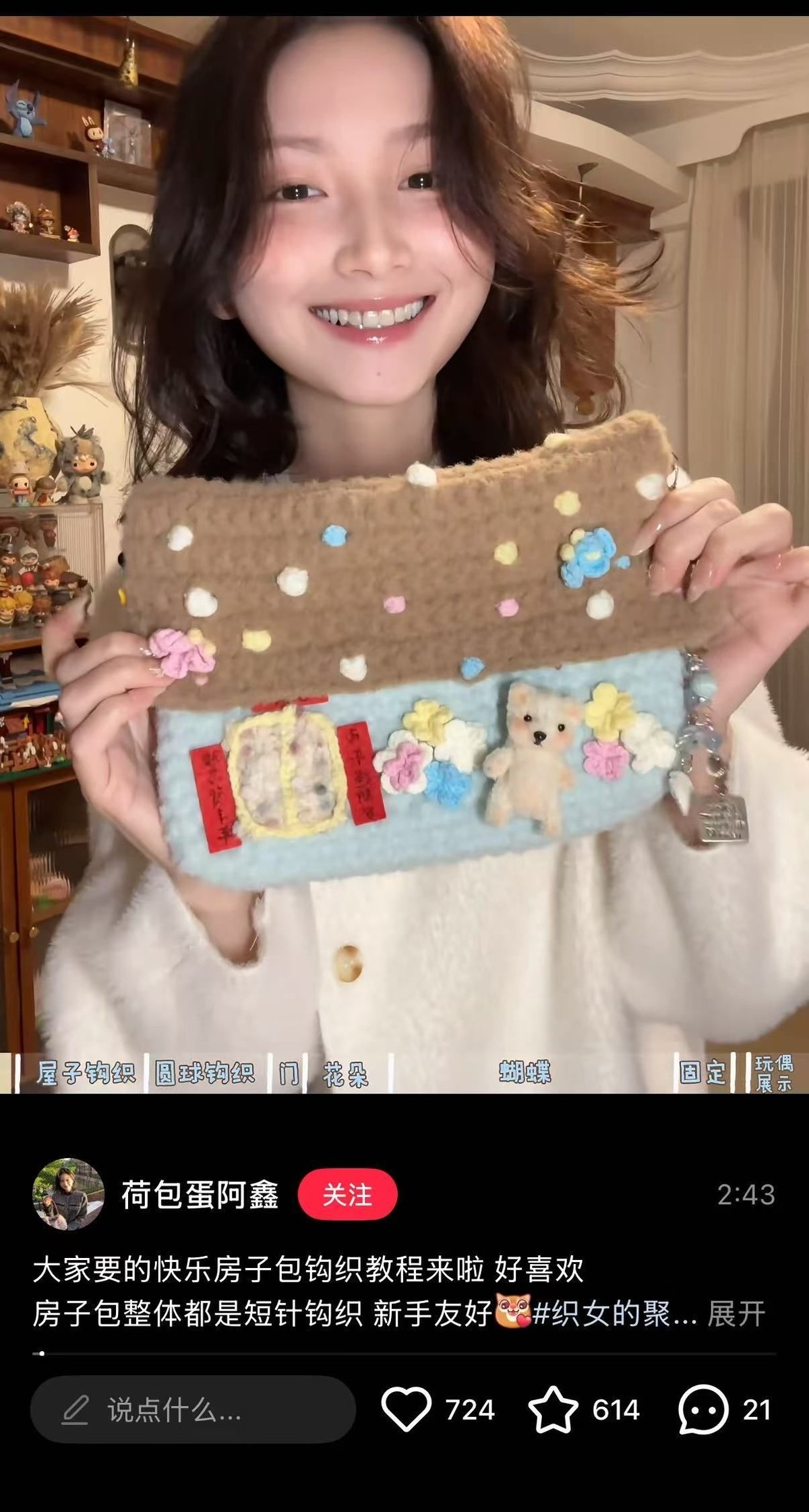 Fujian-based blogger Ah Xin shares tutorials for a wide range of crochet creations, from purses to small plush toys (screenshot via Xiaohongshu)