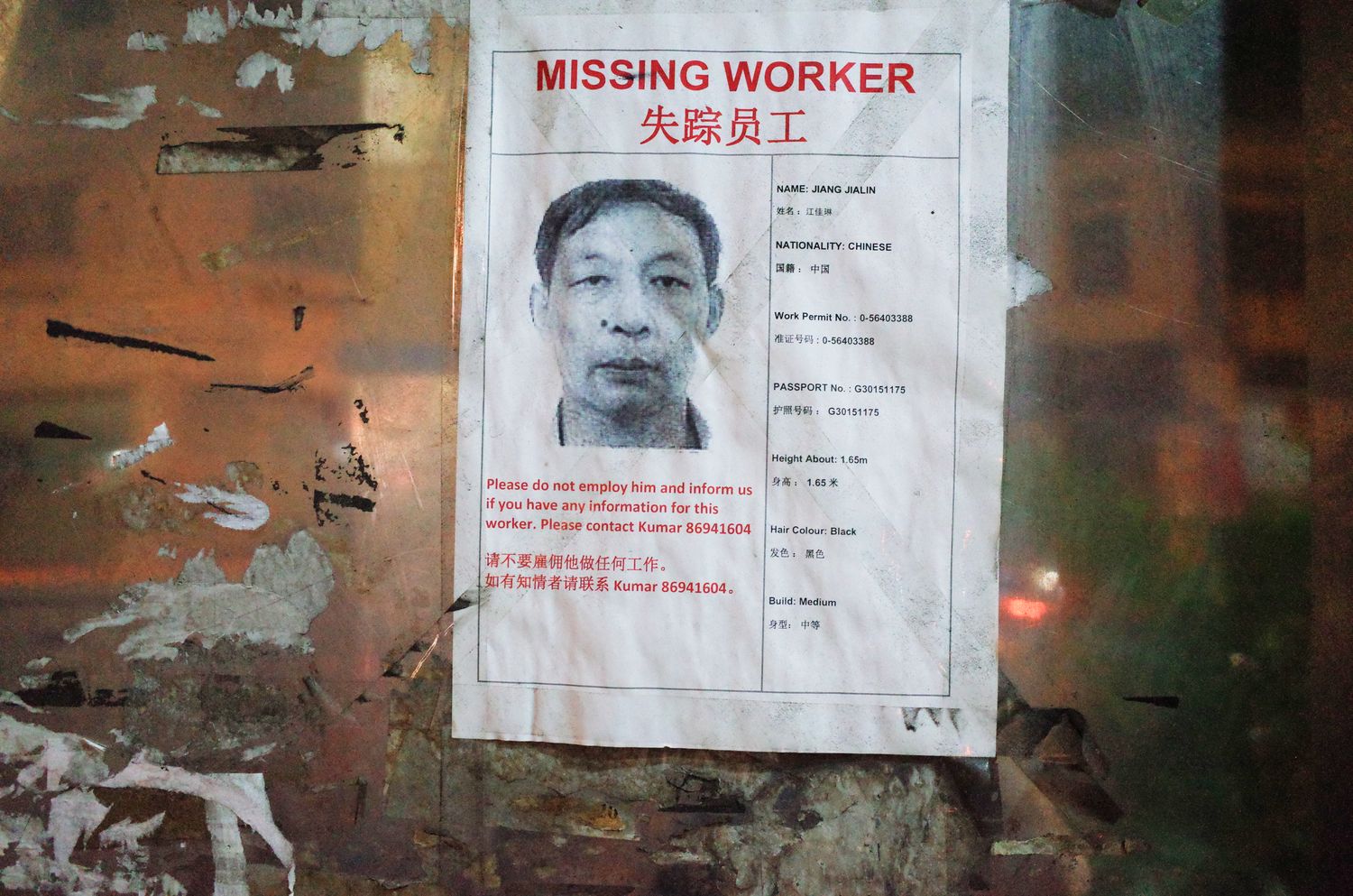 Poster with the information of a missing Chinese man, Yan Jiacheng "Deluxe Hotel"