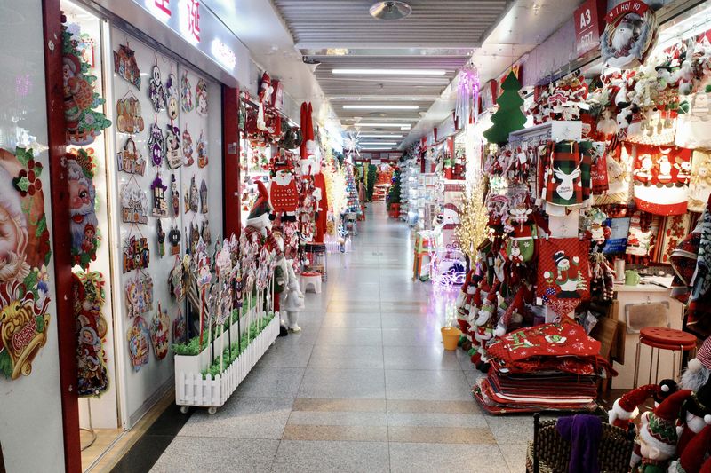 A variety of Christmas decorations on display at a market in Yiwu