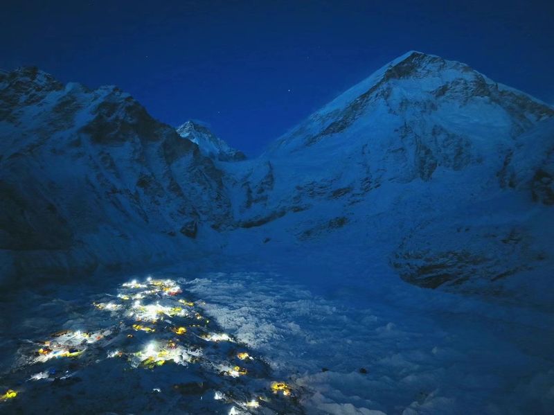 An evening shot of Mount Everest at night