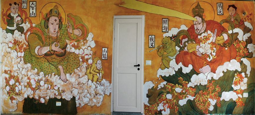 The mural in Alassio, Italy, featuring Zhaohai (in red on the right side) among other deities Wen Na invented for the town