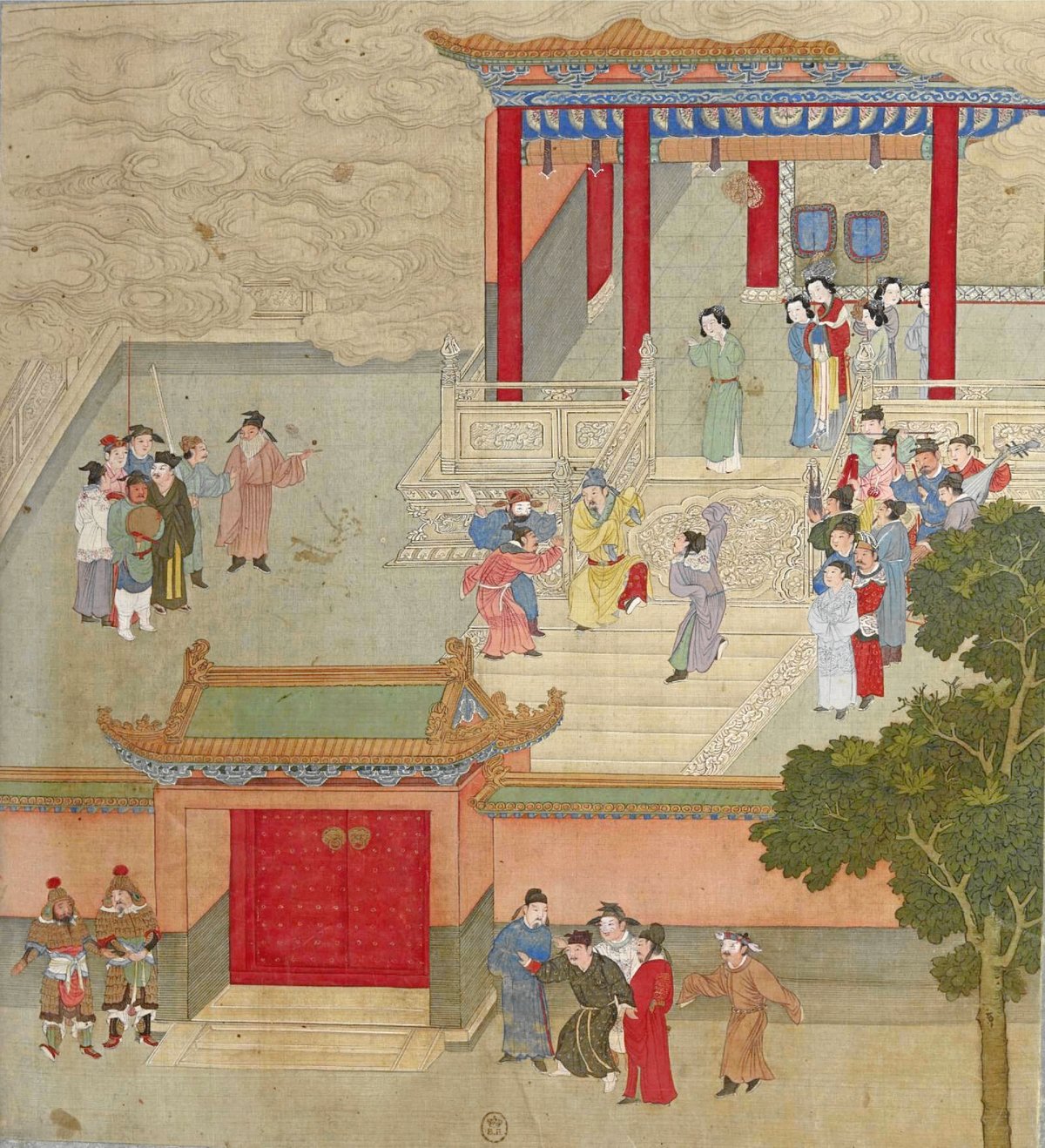 An 18th-century illustrated history book depicts Li Cunxu performing opera with actors while a minister is denied entry at the palace gate, Five Dynasties and Ten Kingdoms facts