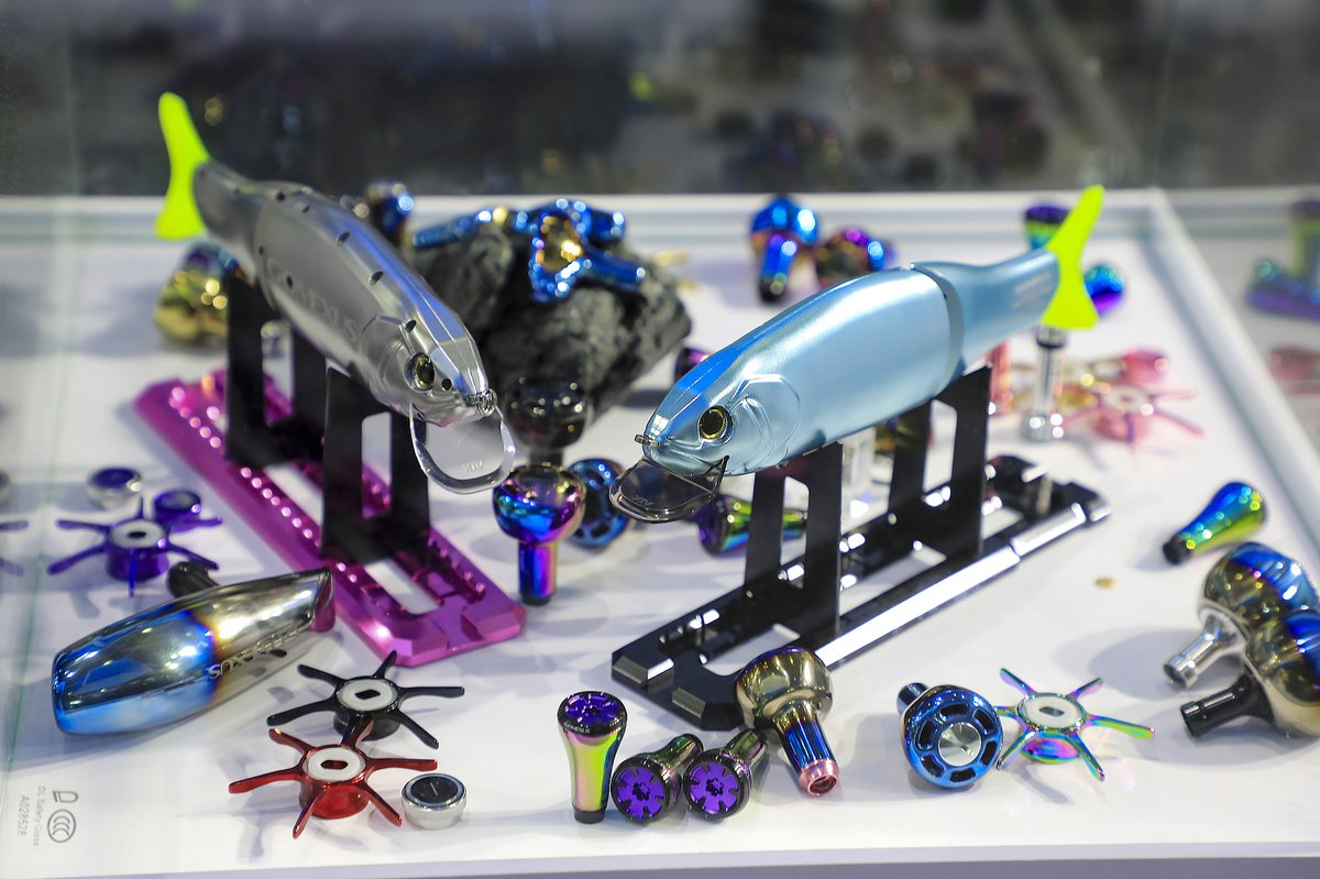 Various types of fishing lure and equipment at the Luya fishing exhibition in Shanghai