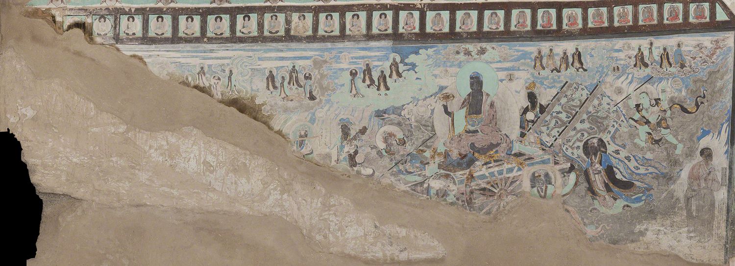 The Buddha of the Blazing Light is depicted alongside other star deities in a mural located in Mogao Cave 061, where the twelve Western zodiac signs are illustrated in circles throughout the mural