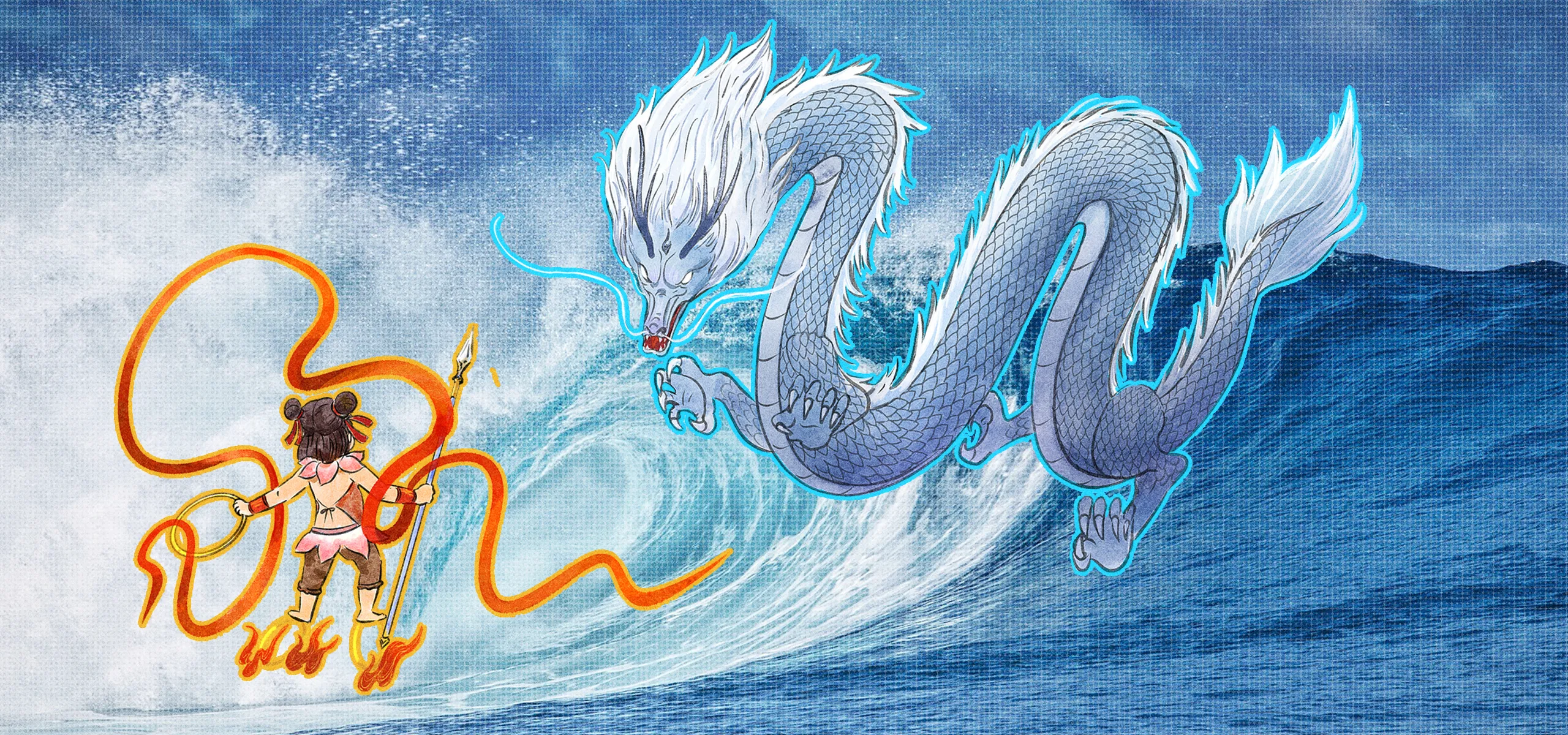 Illustration of Nezha and Chinese Dragon battling