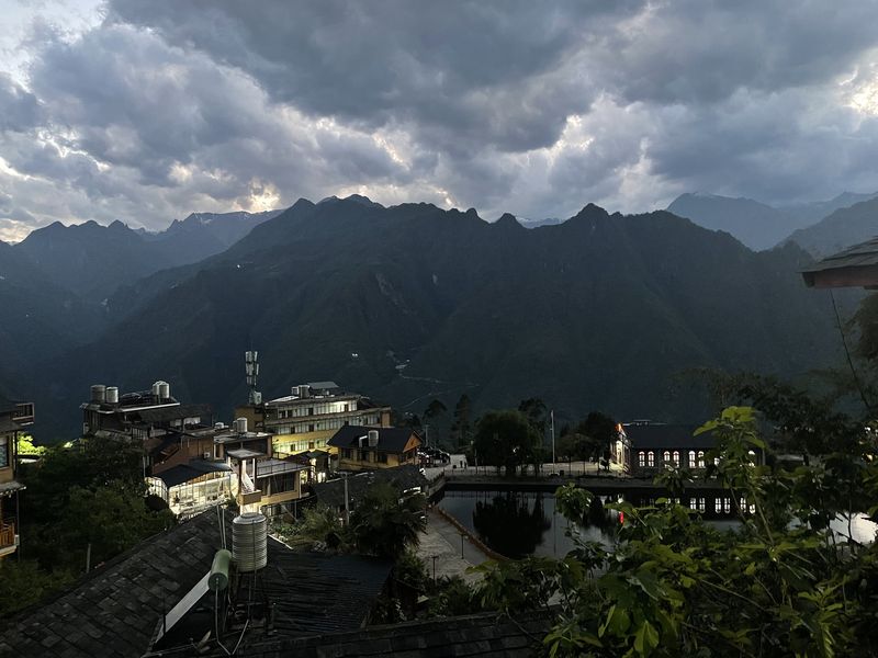 Night view of Laomudeng village and Christian church in Nujiang, Yunnan province, China