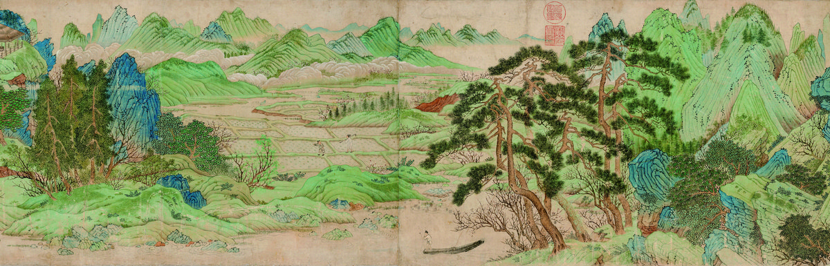 “Peach Blossom Spring” by Ming dynasty painter Qiu Ying (仇英) depicts a peaceful and bountiful farming valley in ancient China