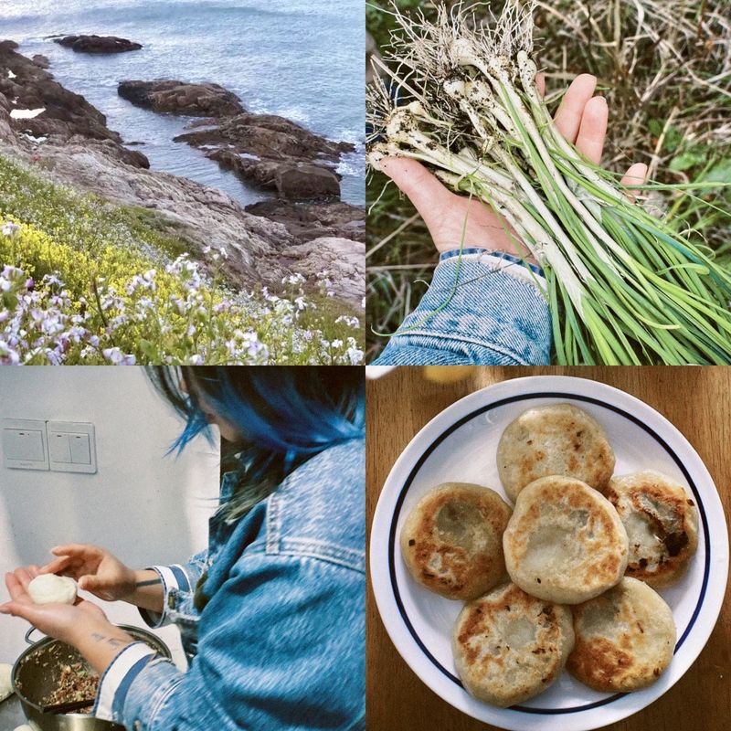 A collage of photos showing a young woman making food with local ingredients