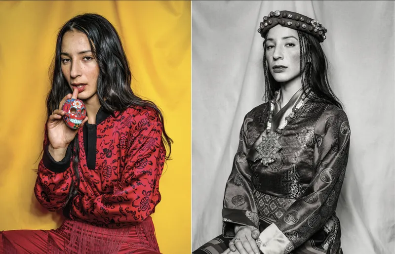 Kesang Ball, a Tibetan-Scottish entrepreneur, sits in a double portrait in Nyema Droma’s “Performing Tibetan Identity,” 2018 ((Nyema Droma))