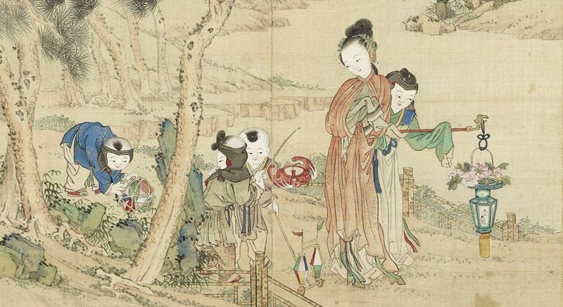 A Qing dyansty painting depicting women and children play with lanterns on Lantern Festival
