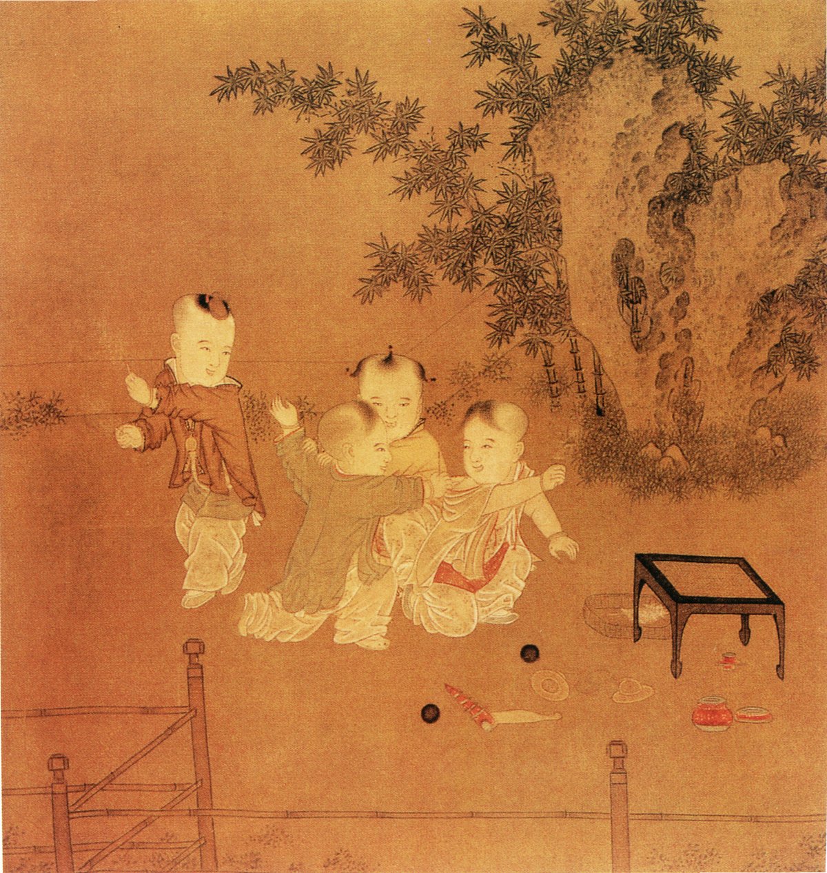 Song Dynasty painting of Chinese kids playing outside, children ancient Chinese philosophy
