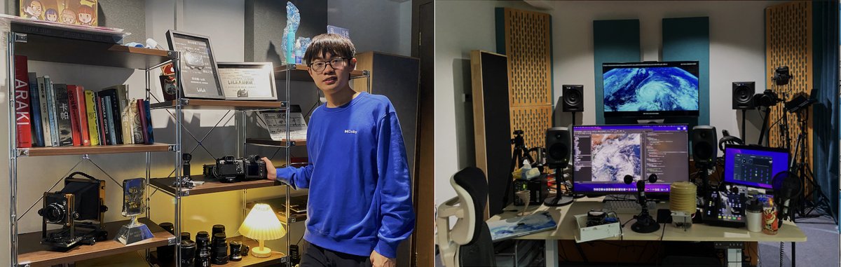 Su Dike poses with his collection of photography awards, his desktop