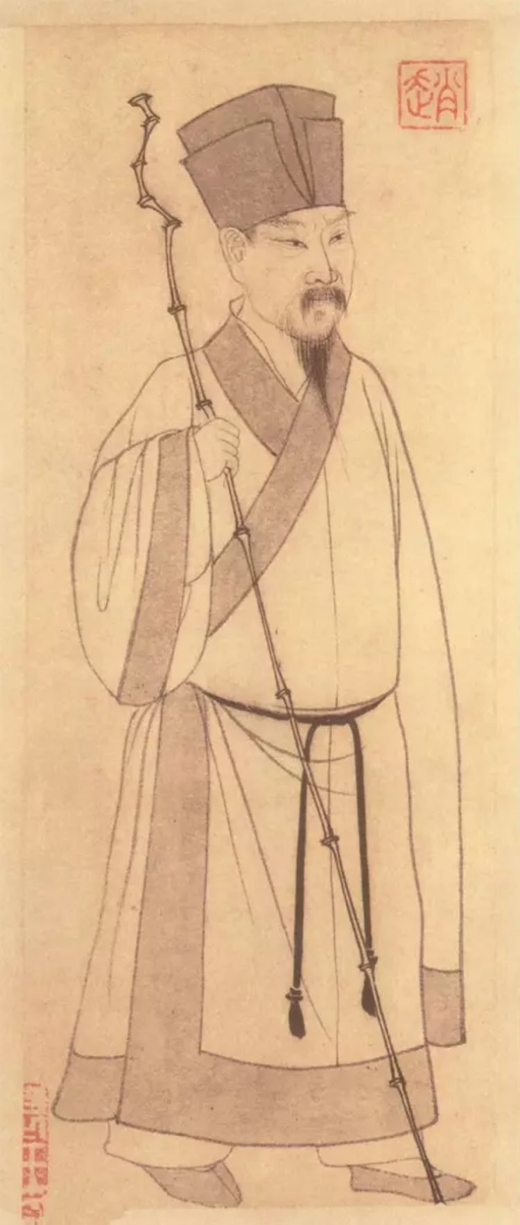 A portrait of Su Shi, courtesy name Zizhan, by Yuan dynasty painter Zhao Mengfu (赵孟頫), showing him wearing his namesake “Zizhan hat”