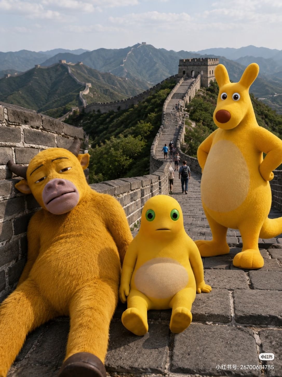 An AI-generated meme placing the “Three Yellow Giants” at the Great Wall, Chinese costume guide memes