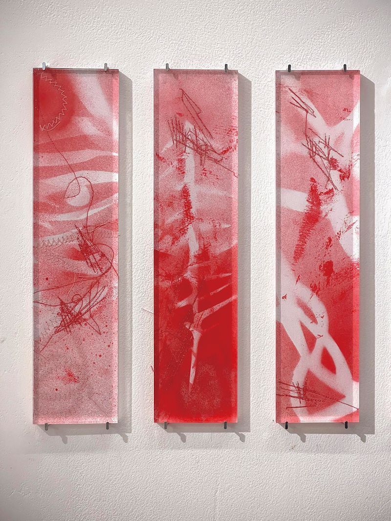 “Trace I” (panels 1, 2, and 3), paper, thread, spray paint and acrylic, 2021