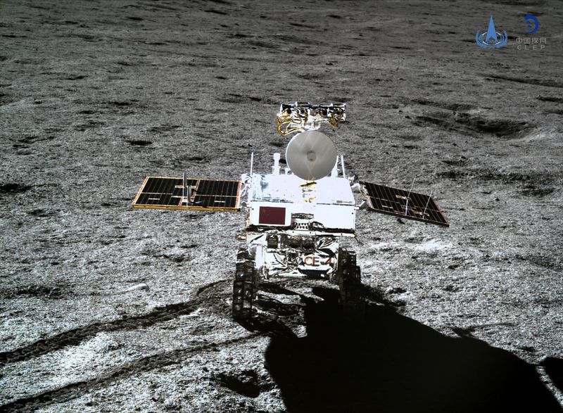 Chinese space rover Yutu on a mission scanning the surface of the moon