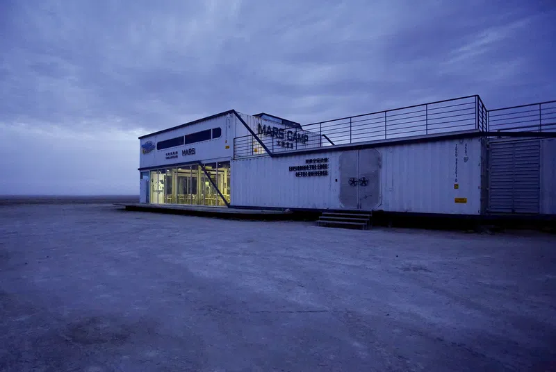 A education center at Mars Camp constructed from disused shipping containers