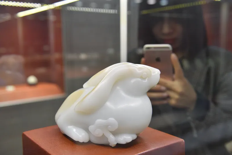 A Hetian jade rabbit carving on display at an exhibition in Beijing