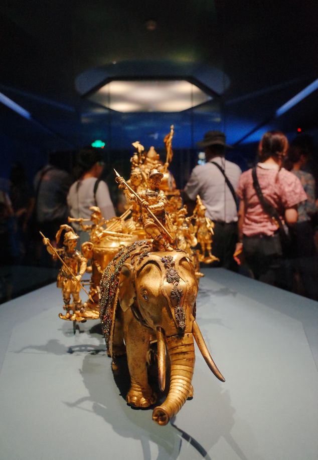 Gold-plated copper elephant sculpture on display at the Palace Museum in 2021