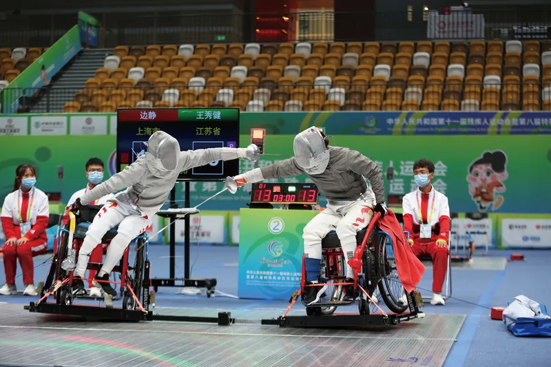 A fencing match at the National Games for Persons with Disabilities in 2021