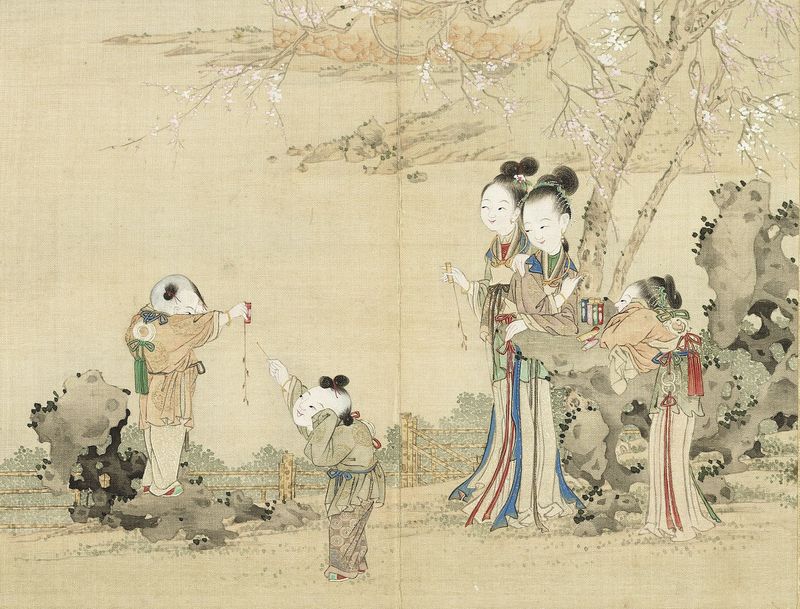 A painting showcasing young Chinese children setting off firecrackers during the Song Dynasty