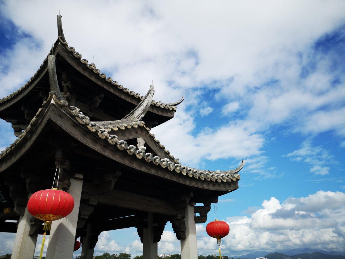 Chinese style overhanging eaves from Guangji Bridge in Chaozhou, Guangdong province