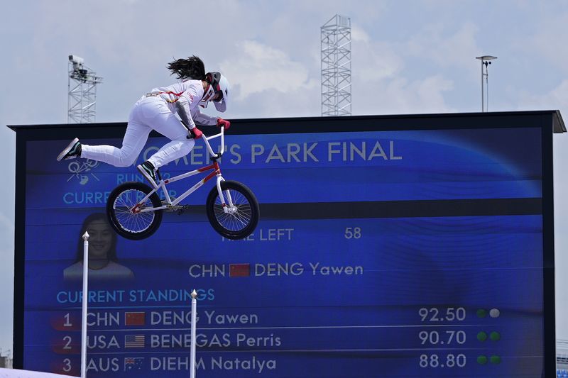 Chinese BMX gold medalist Deng Yawen in Paris Olympic 2024