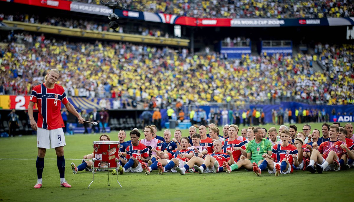 Erling Haaland leads the Viking Row celebration at the World Cup after their historical win over Brazil