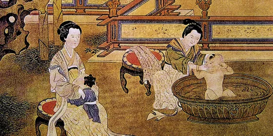 Chinese women bathing kids