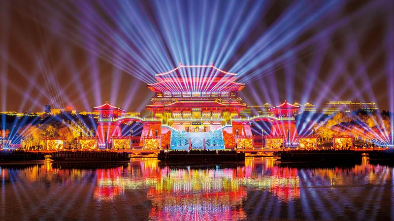 Tang Paradise, a theme park in Xi’an, hosts regular light shows that put historical buildings on dazzling display