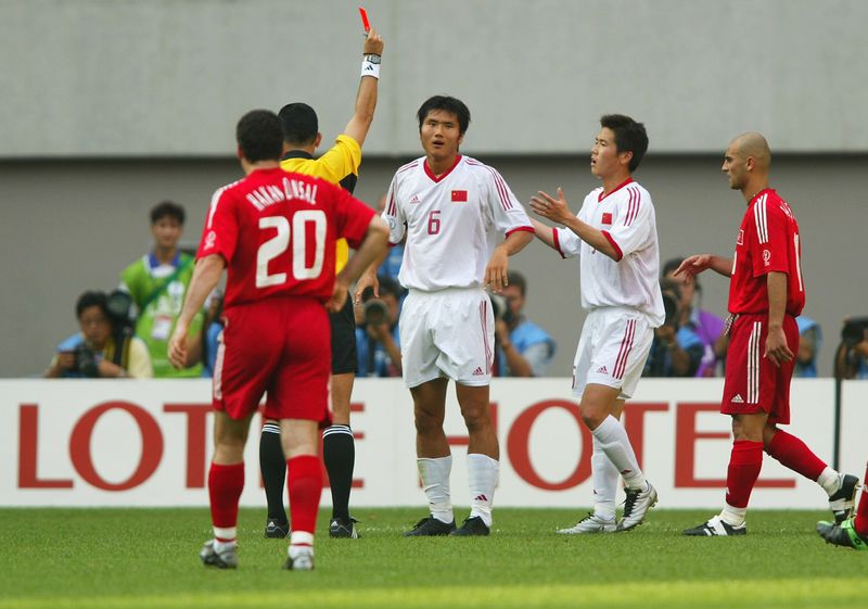 The referee showed Jiayi Shao a red card in the second half of China's final group match against Turkey