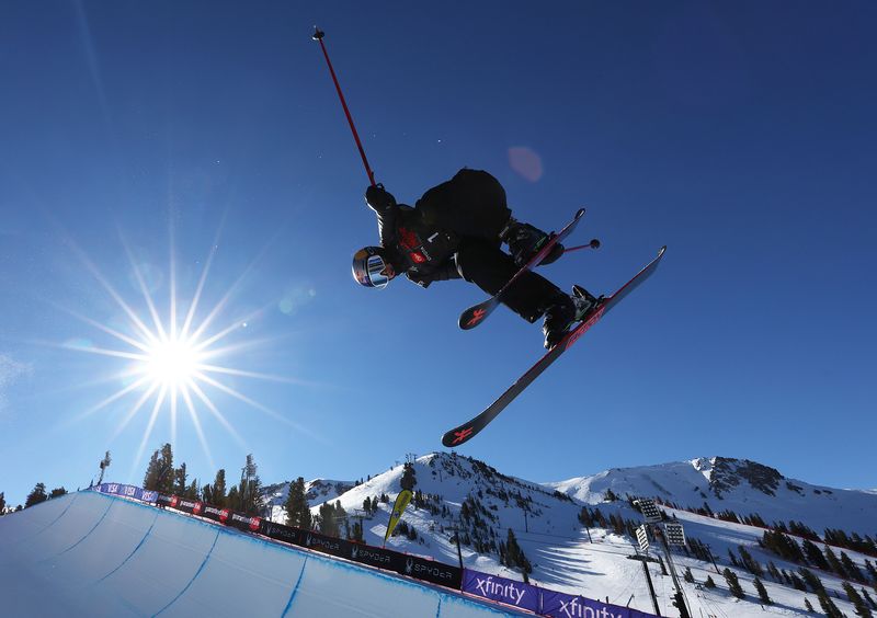 Eileen Gu competes in the Women's Freeski Halfpipe competition at the Toyota U.S. Grand Prix at Mammoth Mountain.