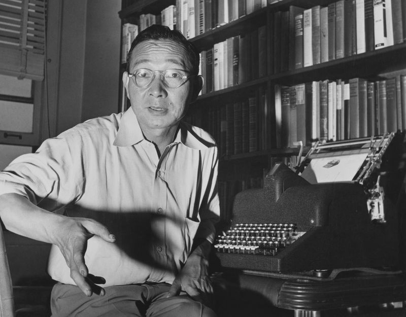 Chinese writer, linguist and inventor Lin Yutang with his invention, a typewriter, history eradicate Chinese characters