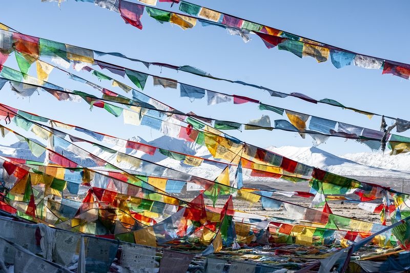 Tibetan prayer flags on a high plateau