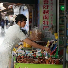 Woman selling specialty products from Vietnam in Dongxing, Guangxi